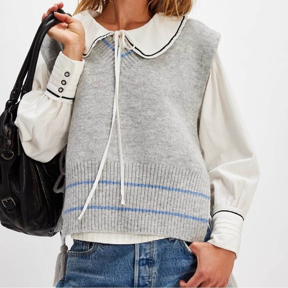 Free People‎ All Star Stripe Poncho Vest Gray Blue V-Neck Side Tie Tassels OS